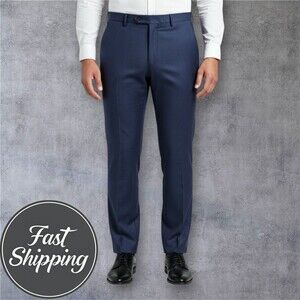 $125 HICKEY FREEMAN Flat Front Dress Pants Blue 100% Wool Size 43W Unhemmed